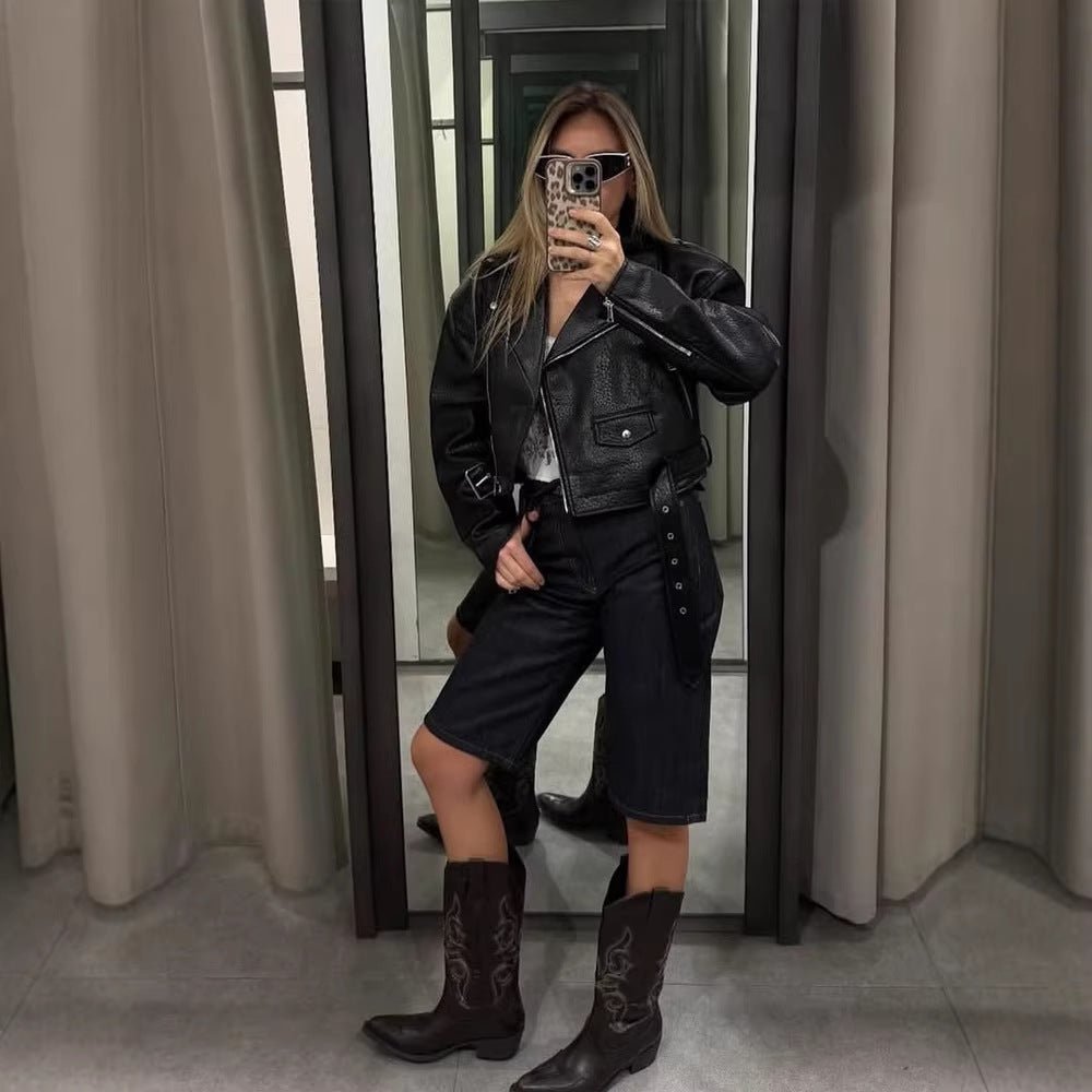 Women Short Structured Biker Jacket Made of Faux Leather Chichicherry - Chichicherry