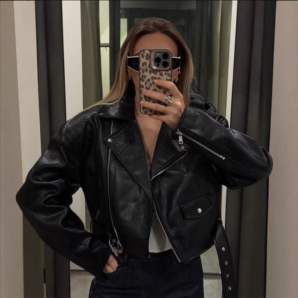 Women Short Structured Biker Jacket Made of Faux Leather Chichicherry - Chichicherry