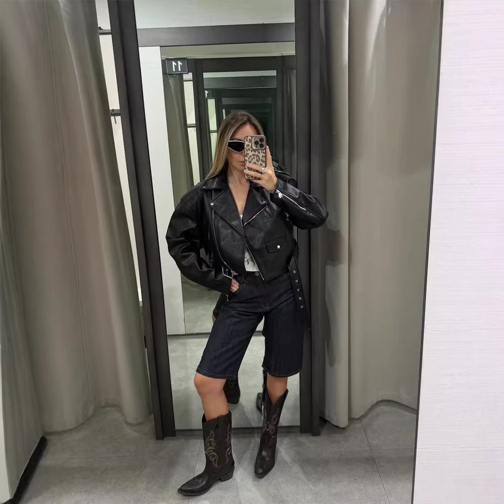 Women Short Structured Biker Jacket Made of Faux Leather Chichicherry - Chichicherry