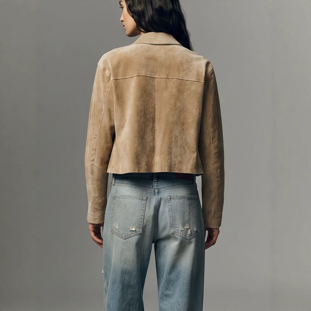 Women Short Suede Jacket in Clean-Cut with Patch Pockets Chichicherry - Chichicherry