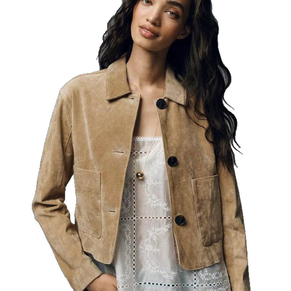 Women Short Suede Jacket in Clean-Cut with Patch Pockets Chichicherry - Chichicherry
