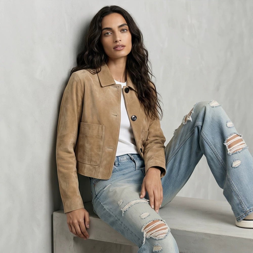 Women Short Suede Jacket in Clean-Cut with Patch Pockets Chichicherry - Chichicherry