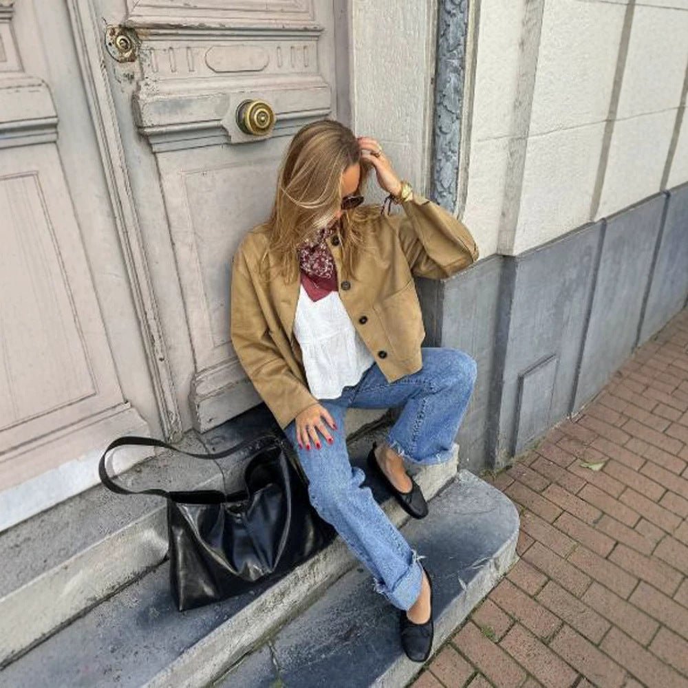Women Short Suede Jacket in Clean-Cut with Patch Pockets Chichicherry - Chichicherry