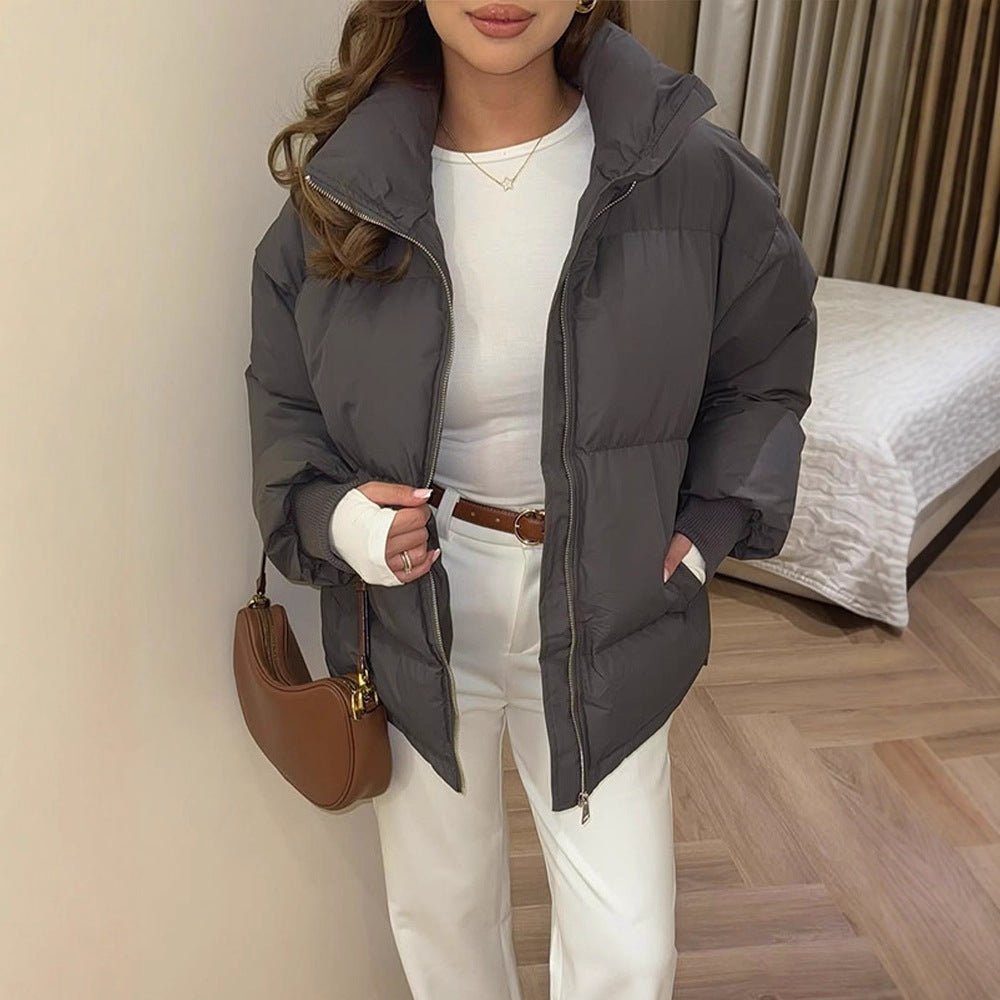 Women Short Tailored Puffer Jacket with Ribbed Cuffs and High Stand-Up Collar Chichicherry - Chichicherry