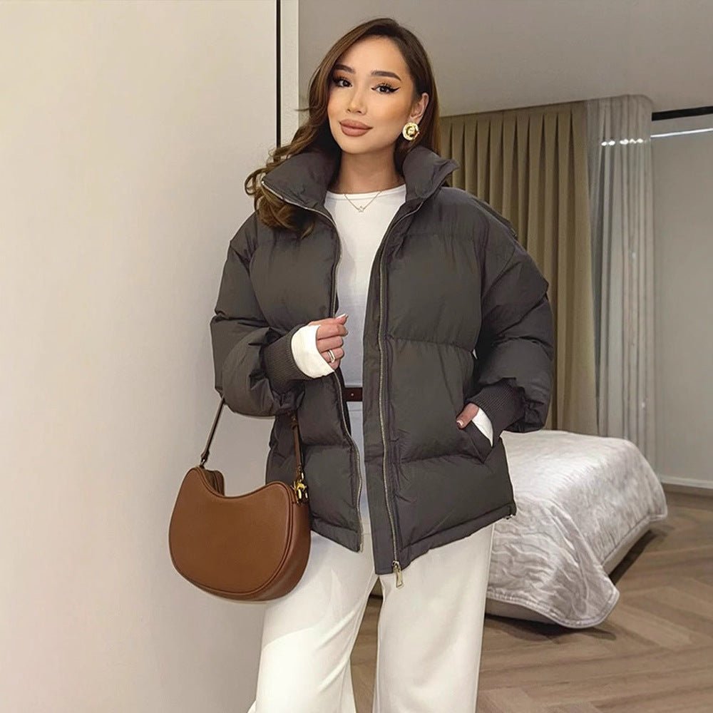 Women Short Tailored Puffer Jacket with Ribbed Cuffs and High Stand-Up Collar Chichicherry - Chichicherry