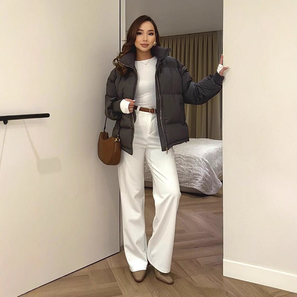 Women Short Tailored Puffer Jacket with Ribbed Cuffs and High Stand-Up Collar Chichicherry - Chichicherry