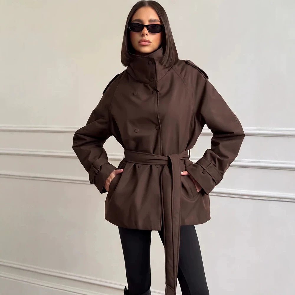 Women Short Technical Trench with High Collar Flap, Double Press Button Placket and Tailoring Tie Belt Chichicherry - Chichicherry