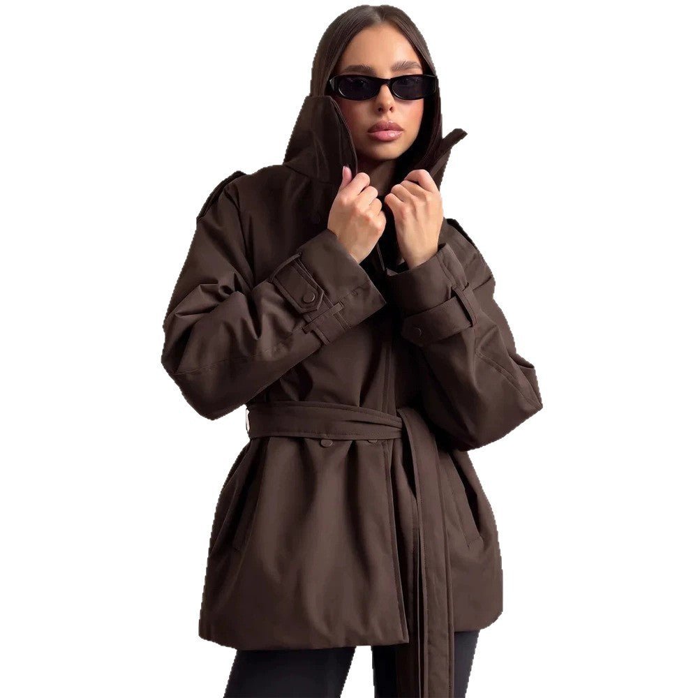 Women Short Technical Trench with High Collar Flap, Double Press Button Placket and Tailoring Tie Belt Chichicherry - Chichicherry