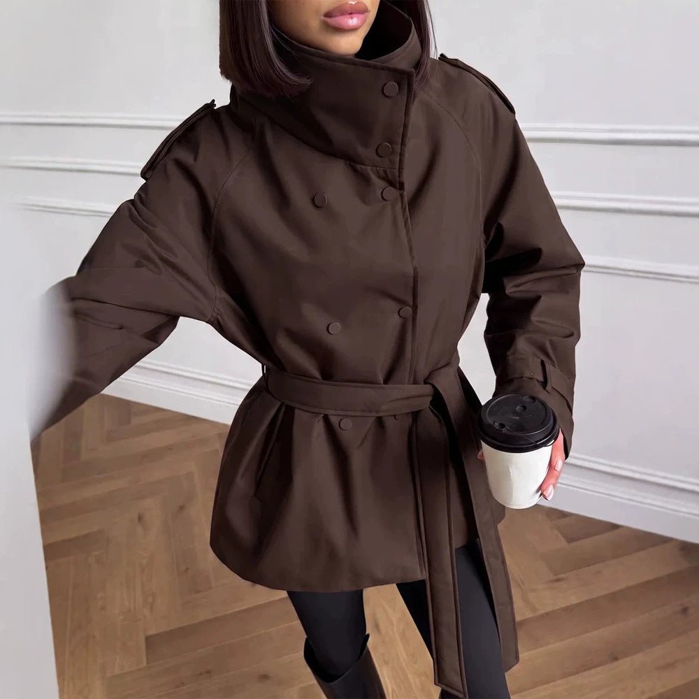 Women Short Technical Trench with High Collar Flap, Double Press Button Placket and Tailoring Tie Belt Chichicherry - Chichicherry