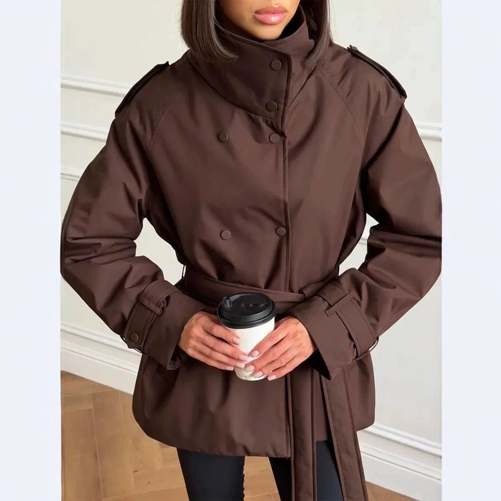 Women Short Technical Trench with High Collar Flap, Double Press Button Placket and Tailoring Tie Belt Chichicherry - Chichicherry