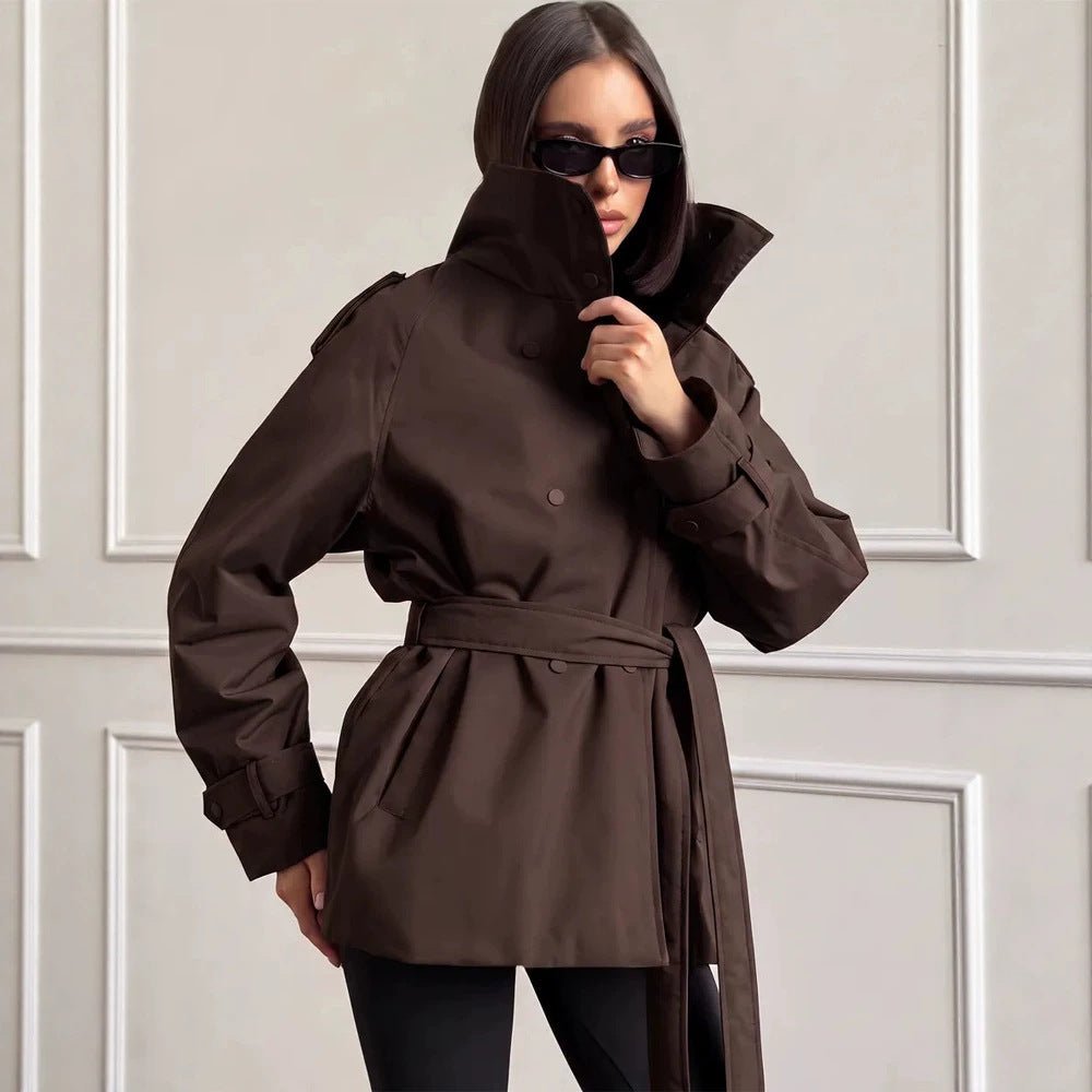 Women Short Technical Trench with High Collar Flap, Double Press Button Placket and Tailoring Tie Belt Chichicherry - Chichicherry
