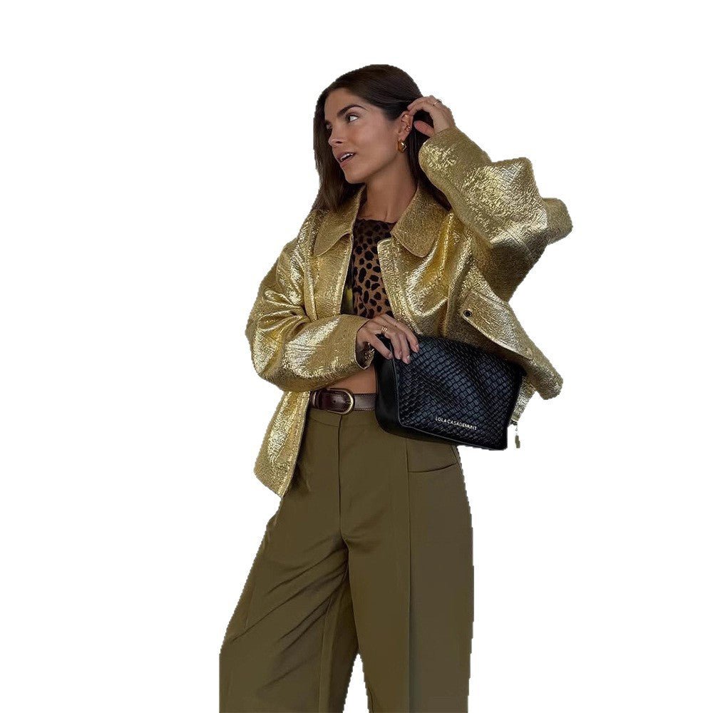 Women Short Textured Metallic Bomber Jacket with Boxy Silhouette Chichicherry - Chichicherry