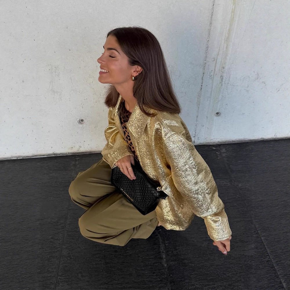 Women Short Textured Metallic Bomber Jacket with Boxy Silhouette Chichicherry - Chichicherry