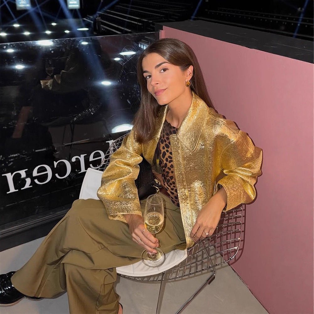 Women Short Textured Metallic Bomber Jacket with Boxy Silhouette Chichicherry - Chichicherry
