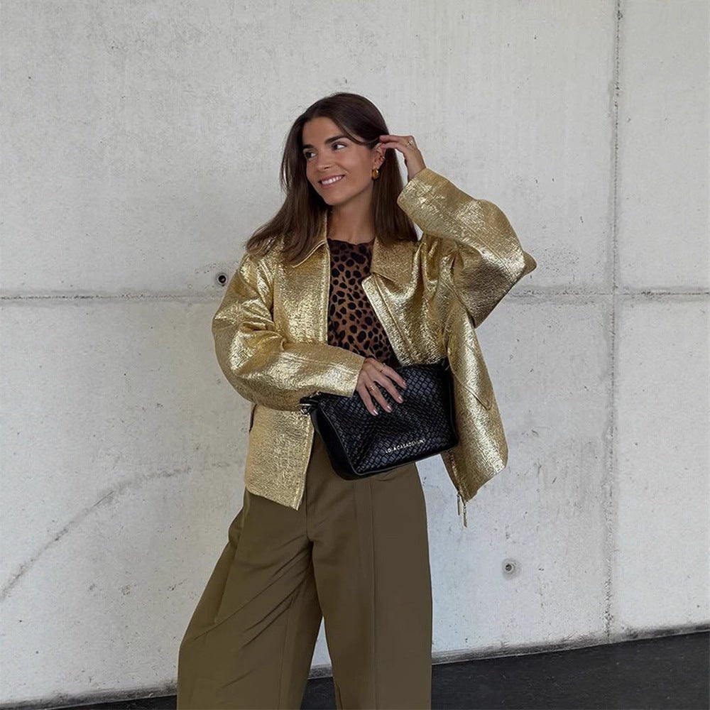 Women Short Textured Metallic Bomber Jacket with Boxy Silhouette Chichicherry - Chichicherry