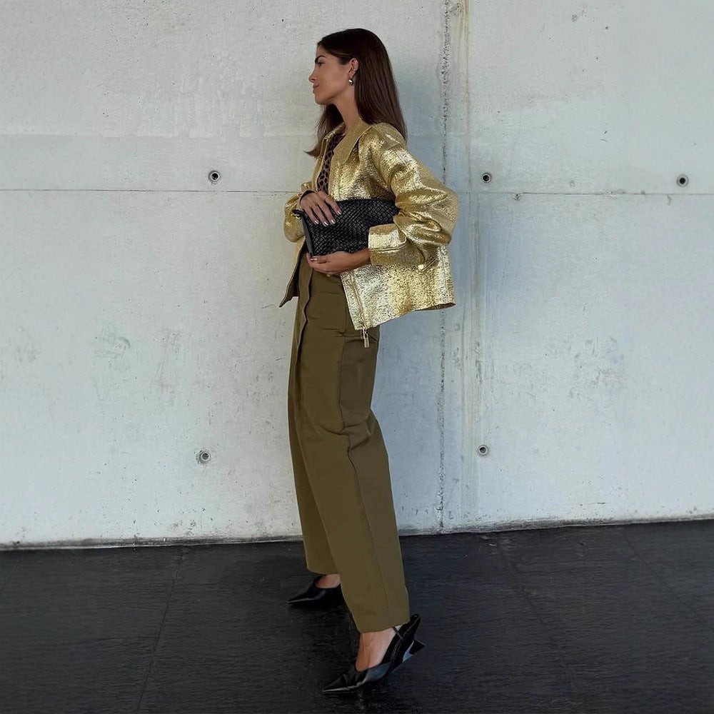 Women Short Textured Metallic Bomber Jacket with Boxy Silhouette Chichicherry - Chichicherry