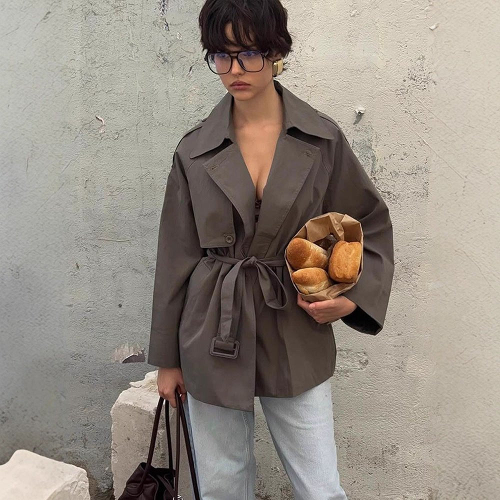 Women Short Trench Coat with Tied Belt and Oversized Sleeves Chichicherry - Chichicherry