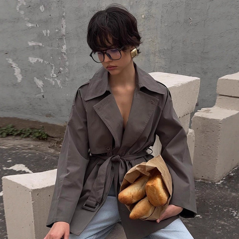 Women Short Trench Coat with Tied Belt and Oversized Sleeves Chichicherry - Chichicherry