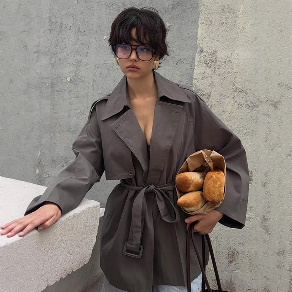 Women Short Trench Coat with Tied Belt and Oversized Sleeves Chichicherry - Chichicherry