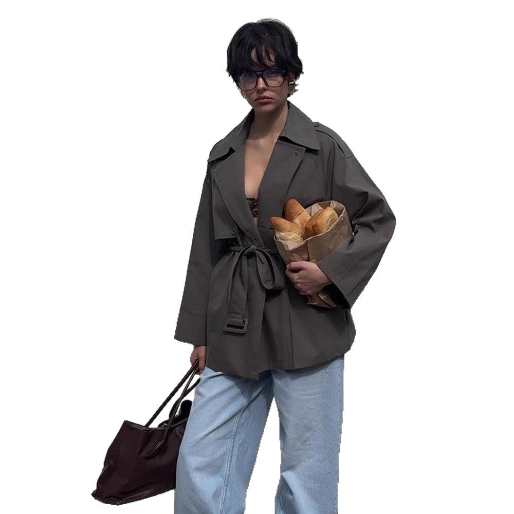 Women Short Trench Coat with Tied Belt and Oversized Sleeves Chichicherry - Chichicherry