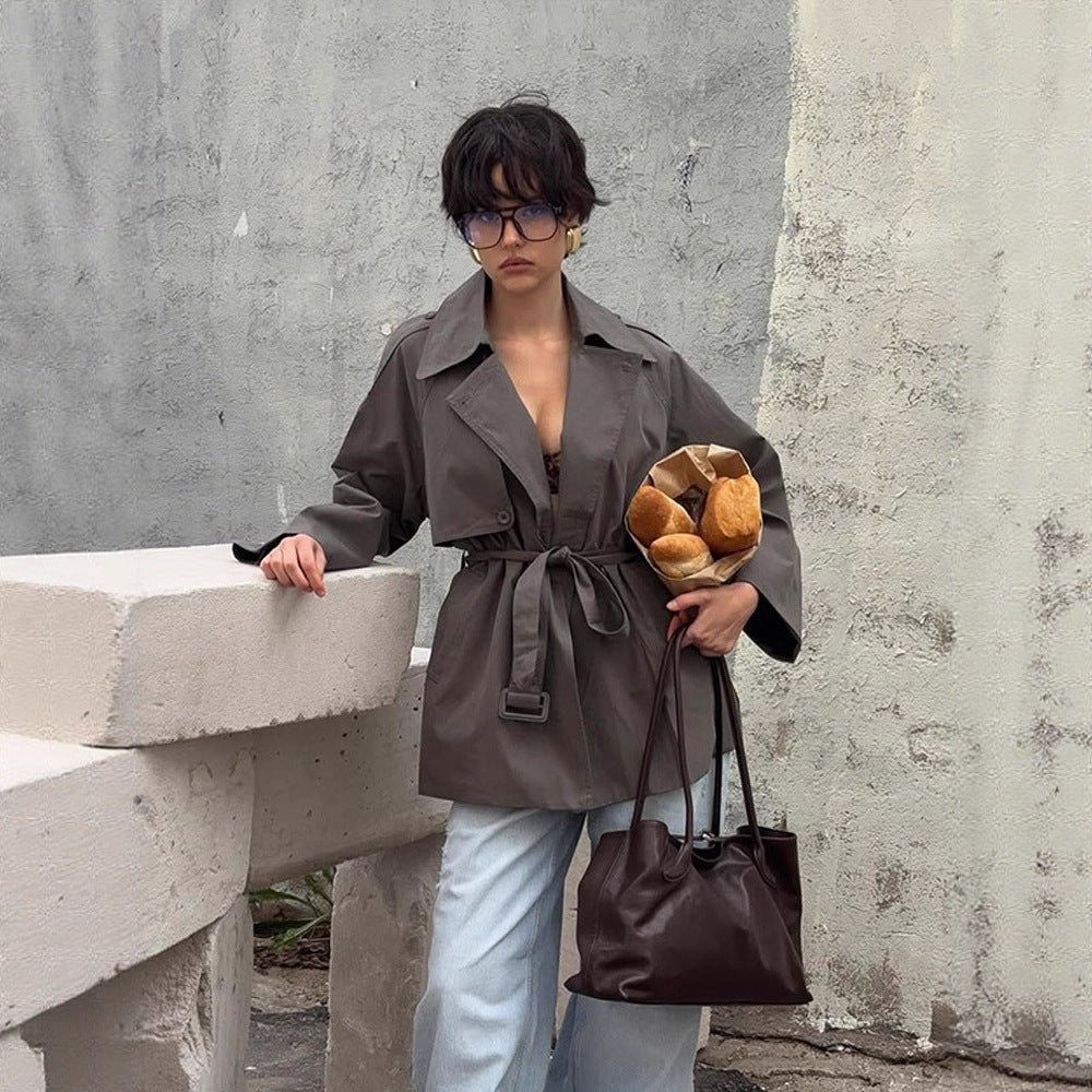 Women Short Trench Coat with Tied Belt and Oversized Sleeves Chichicherry - Chichicherry