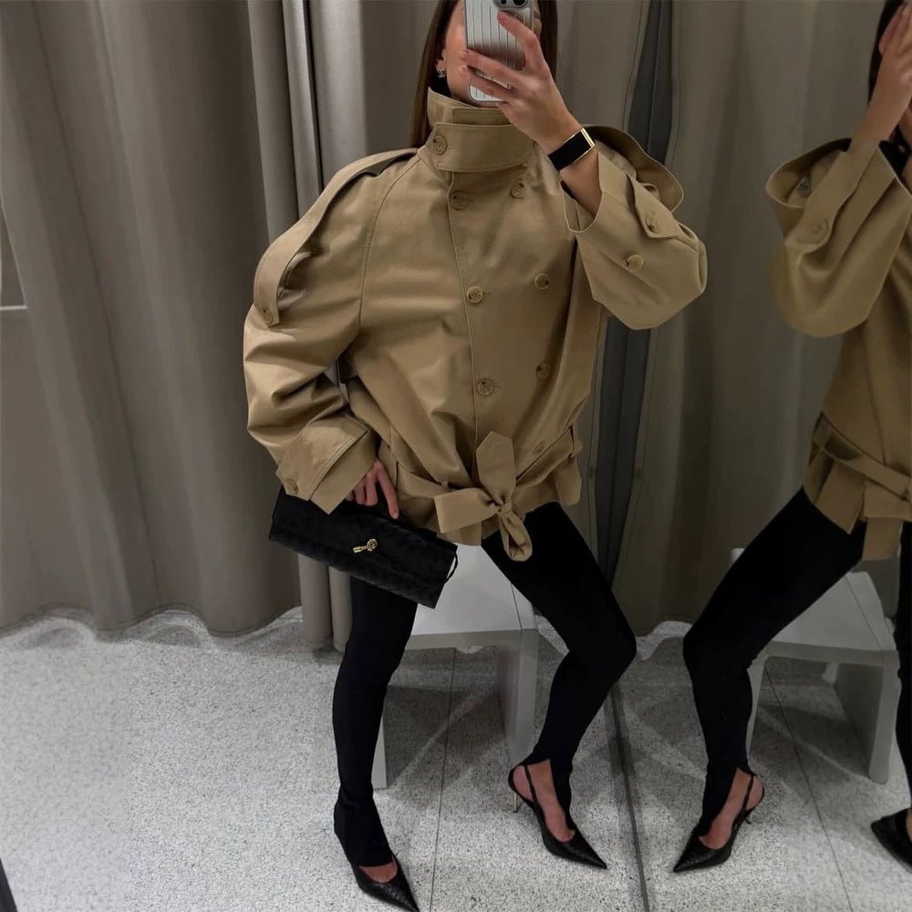 Women Short Trench with High Stand Collar, Double-Breasted Button Placket & Waist Belt Chichicherry - Chichicherry