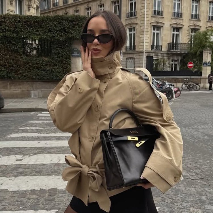 Women Short Trench with High Stand Collar, Double-Breasted Button Placket & Waist Belt Chichicherry - Chichicherry