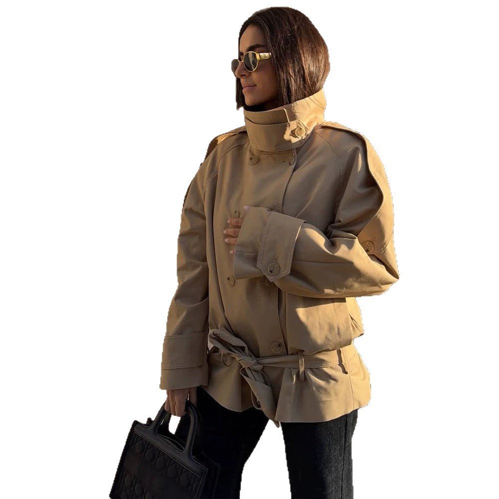Women Short Trench with High Stand Collar, Double-Breasted Button Placket & Waist Belt Chichicherry - Chichicherry