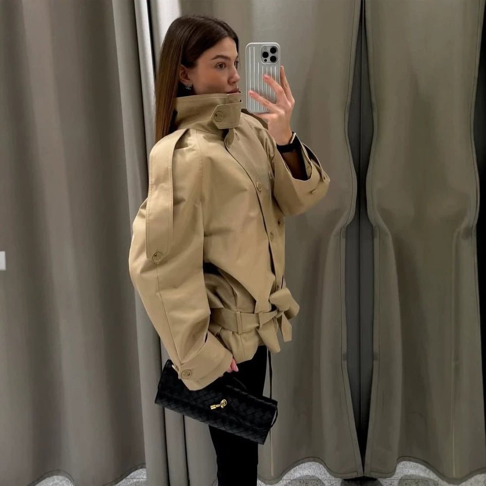 Women Short Trench with High Stand Collar, Double-Breasted Button Placket & Waist Belt Chichicherry - Chichicherry