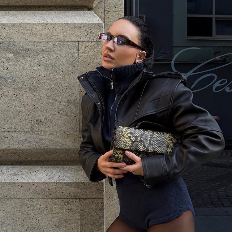 Women Short Vegan Leather Jacket with Distinctive Shoulder Structure and Cropped Cut Chichicherry - Chichicherry