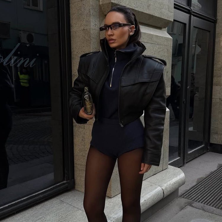 Women Short Vegan Leather Jacket with Distinctive Shoulder Structure and Cropped Cut Chichicherry - Chichicherry