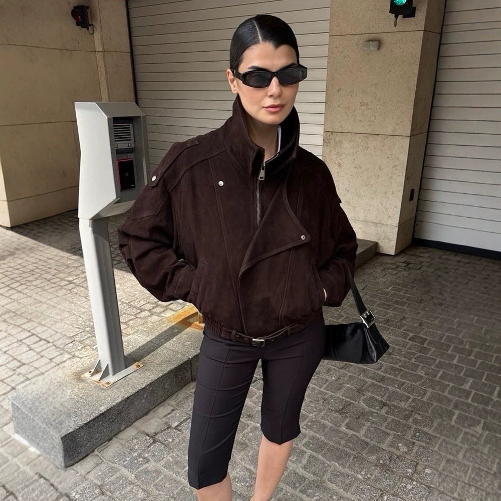 Women Short Velour Leather Bomber Jacket with High Stand-Up Collar and Waist Belt Chichicherry - Chichicherry