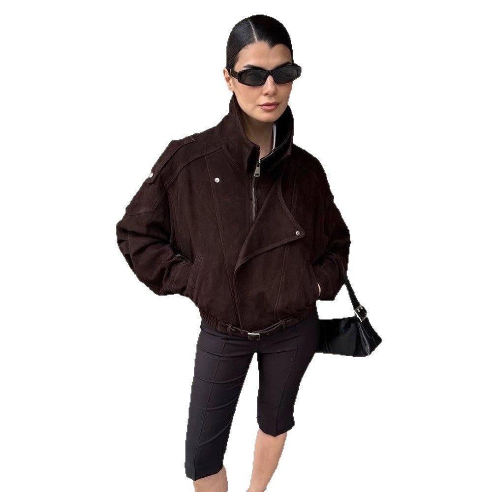 Women Short Velour Leather Bomber Jacket with High Stand-Up Collar and Waist Belt Chichicherry - Chichicherry