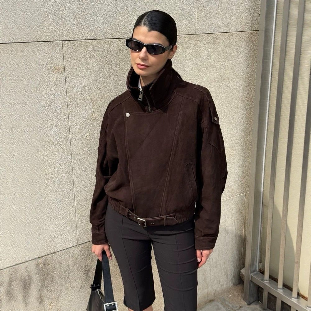 Women Short Velour Leather Bomber Jacket with High Stand-Up Collar and Waist Belt Chichicherry - Chichicherry