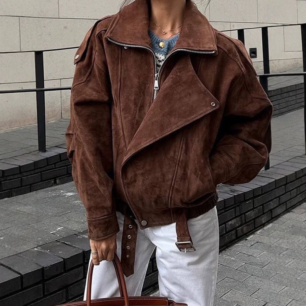 Women Short Velour Leather Bomber Jacket with High Stand-Up Collar and Waist Belt Chichicherry - Chichicherry
