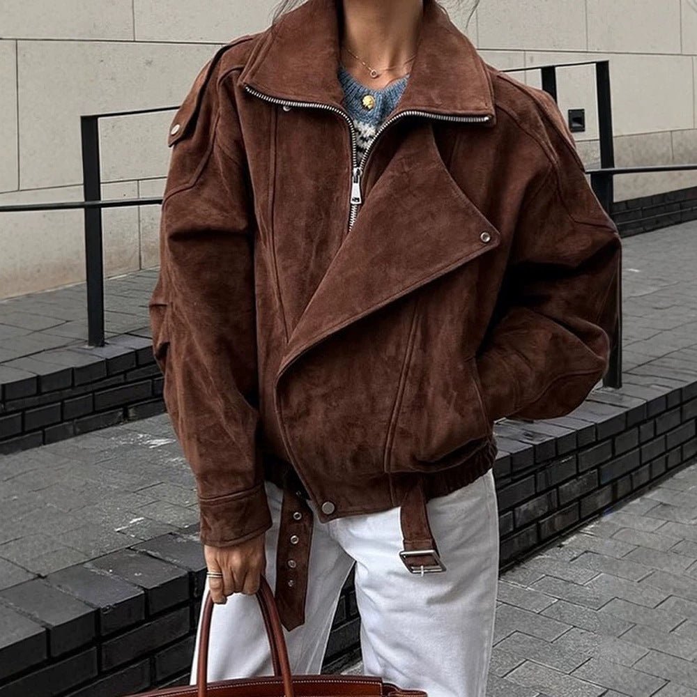 Women Short Velour Leather Bomber Jacket with High Stand-Up Collar and Waist Belt Chichicherry - Chichicherry