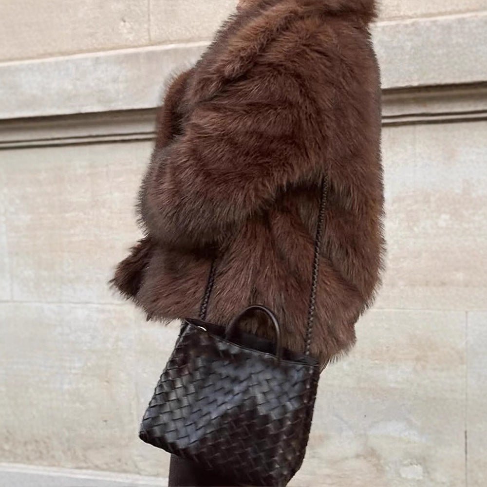 Women Short Voluminous Faux Fur Jacket in Boxy Cut with Large Shawl Collar Chichicherry - Chichicherry