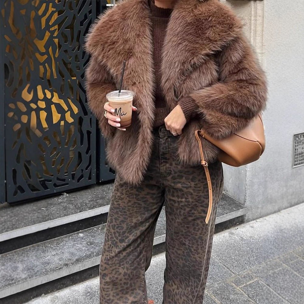 Women Short Voluminous Faux Fur Jacket in Boxy Cut with Large Shawl Collar Chichicherry - Chichicherry