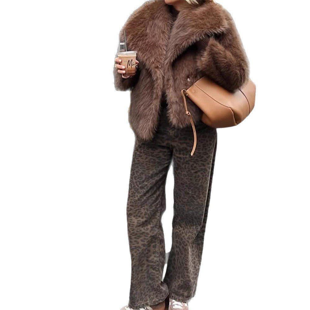 Women Short Voluminous Faux Fur Jacket in Boxy Cut with Large Shawl Collar Chichicherry - Chichicherry