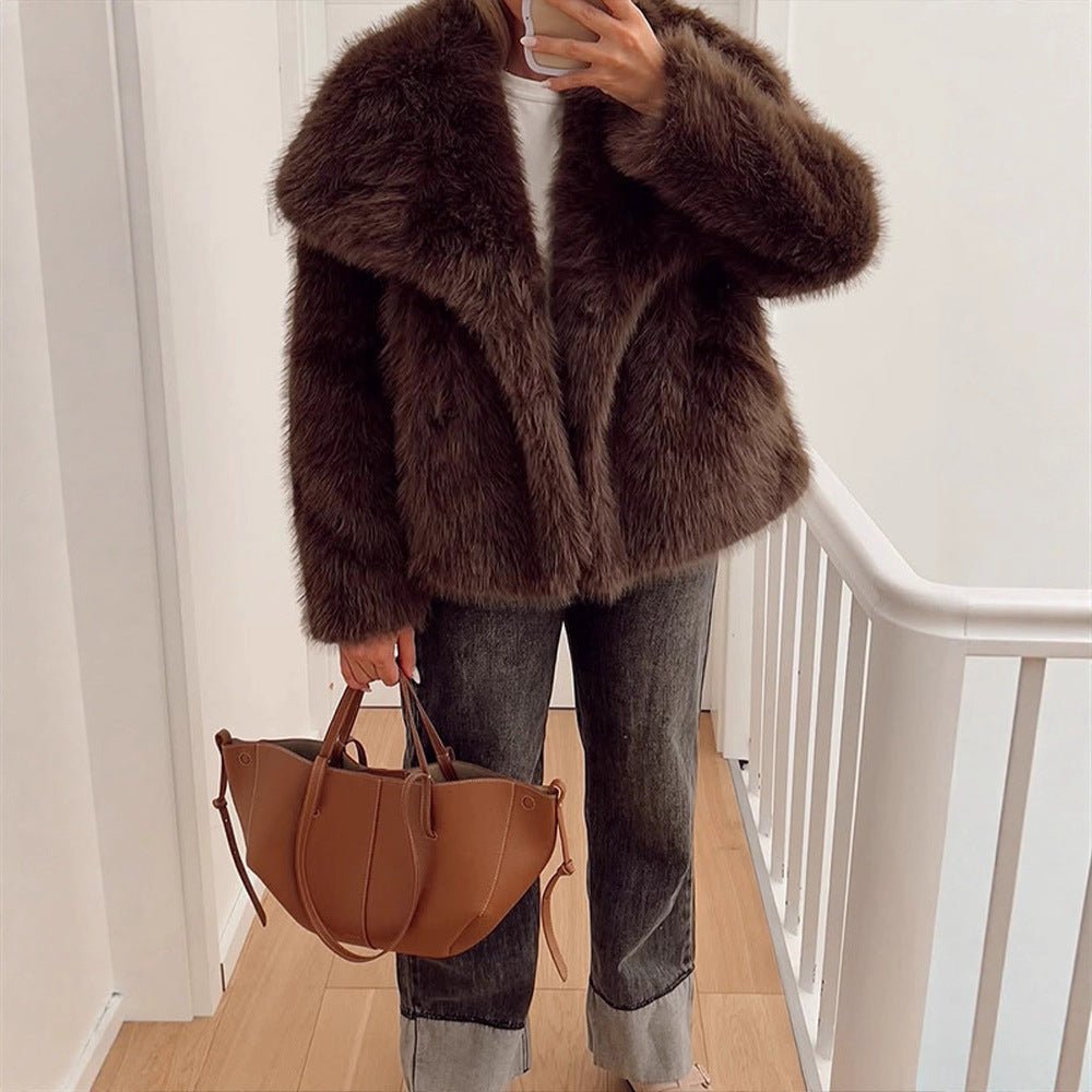 Women Short Voluminous Faux Fur Jacket in Boxy Cut with Large Shawl Collar Chichicherry - Chichicherry