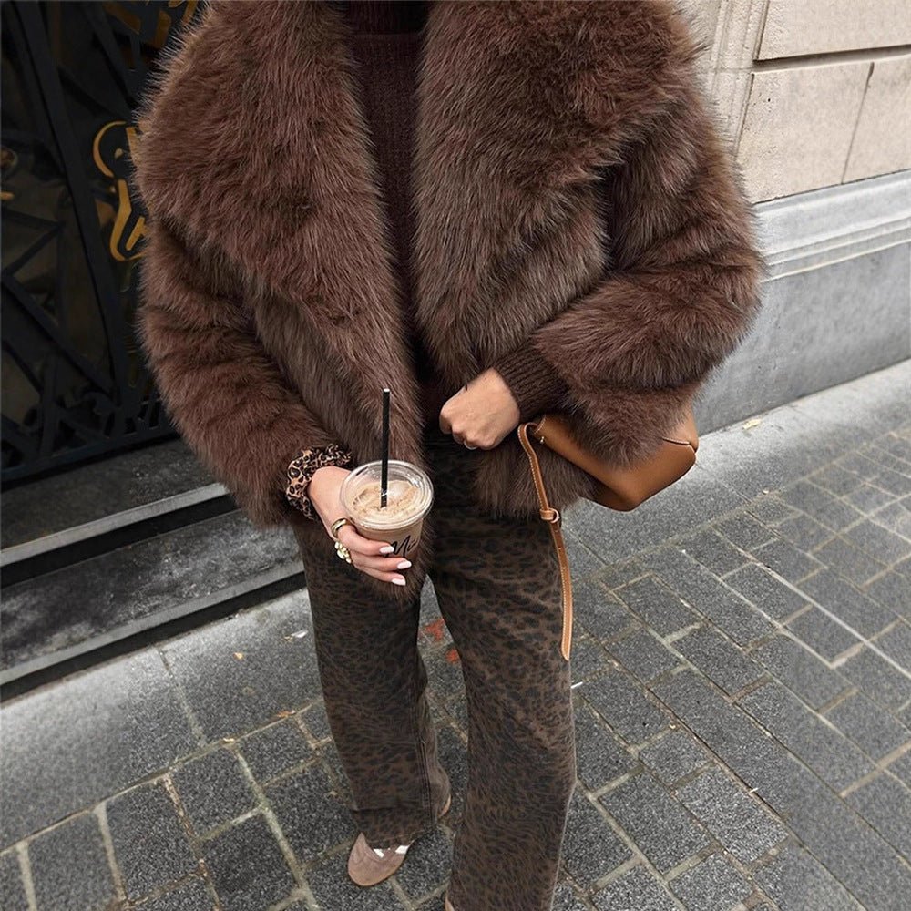 Women Short Voluminous Faux Fur Jacket in Boxy Cut with Large Shawl Collar Chichicherry - Chichicherry