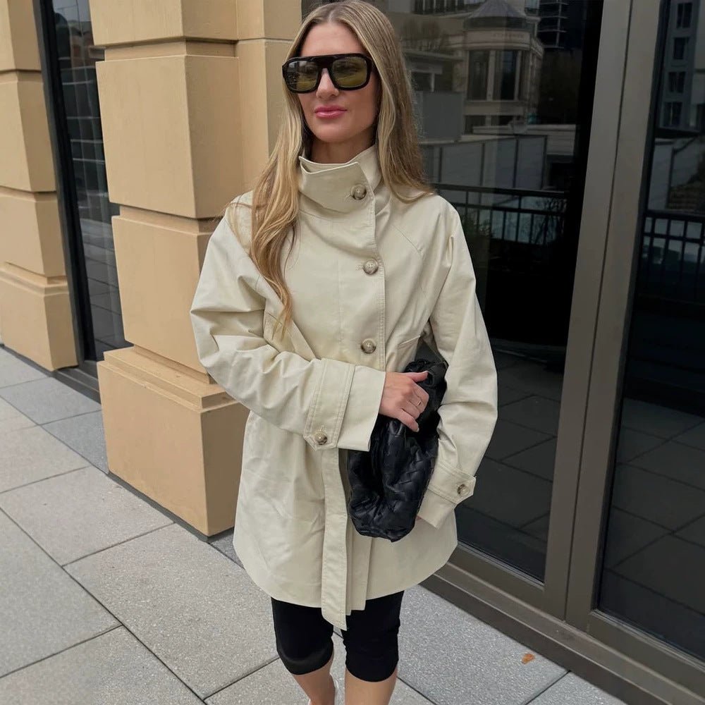 Women Short Wind and Transitional Coat with High Standing Collar and Tie Belt Chichicherry - Chichicherry