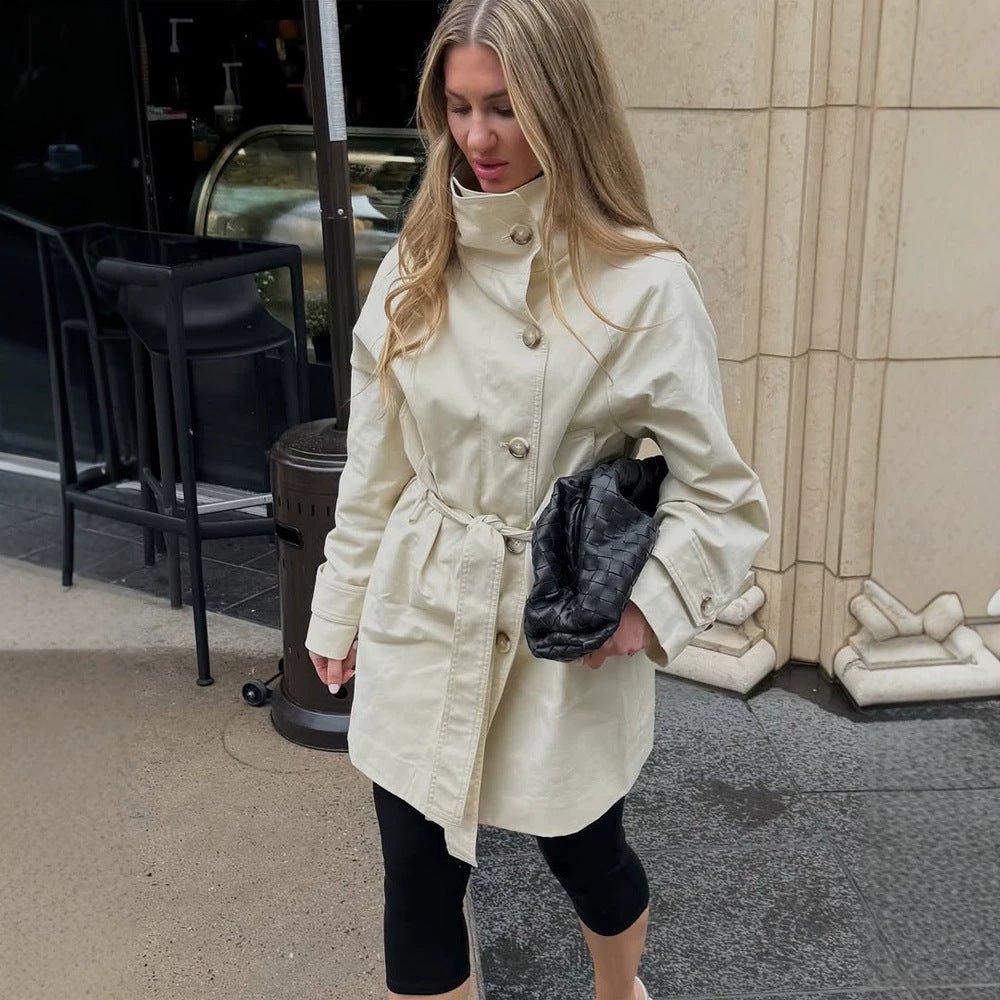 Women Short Wind and Transitional Coat with High Standing Collar and Tie Belt Chichicherry - Chichicherry