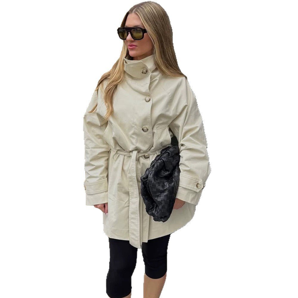 Women Short Wind and Transitional Coat with High Standing Collar and Tie Belt Chichicherry - Chichicherry