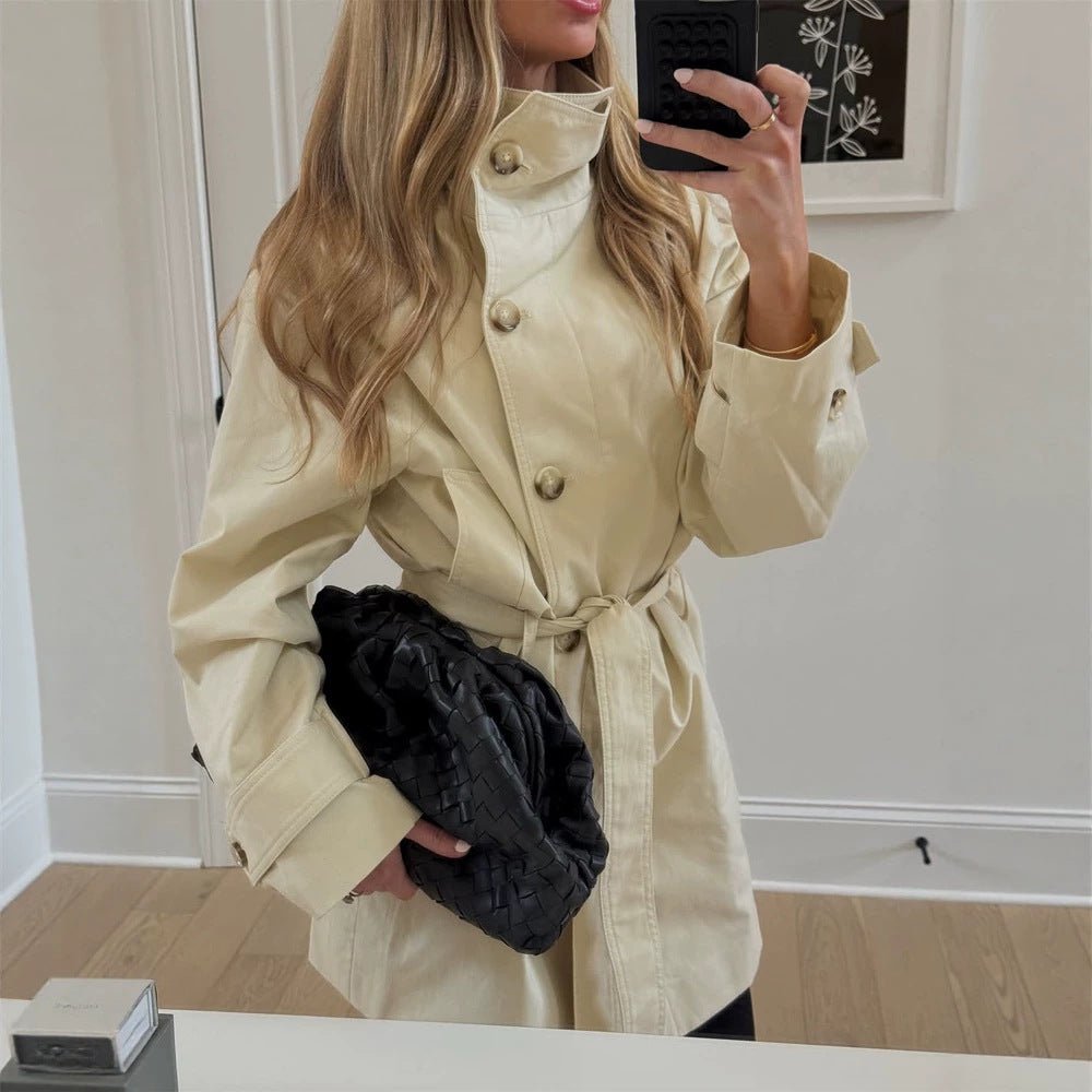 Women Short Wind and Transitional Coat with High Standing Collar and Tie Belt Chichicherry - Chichicherry