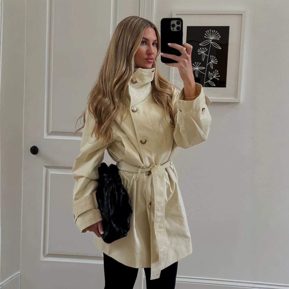 Women Short Wind and Transitional Coat with High Standing Collar and Tie Belt Chichicherry - Chichicherry