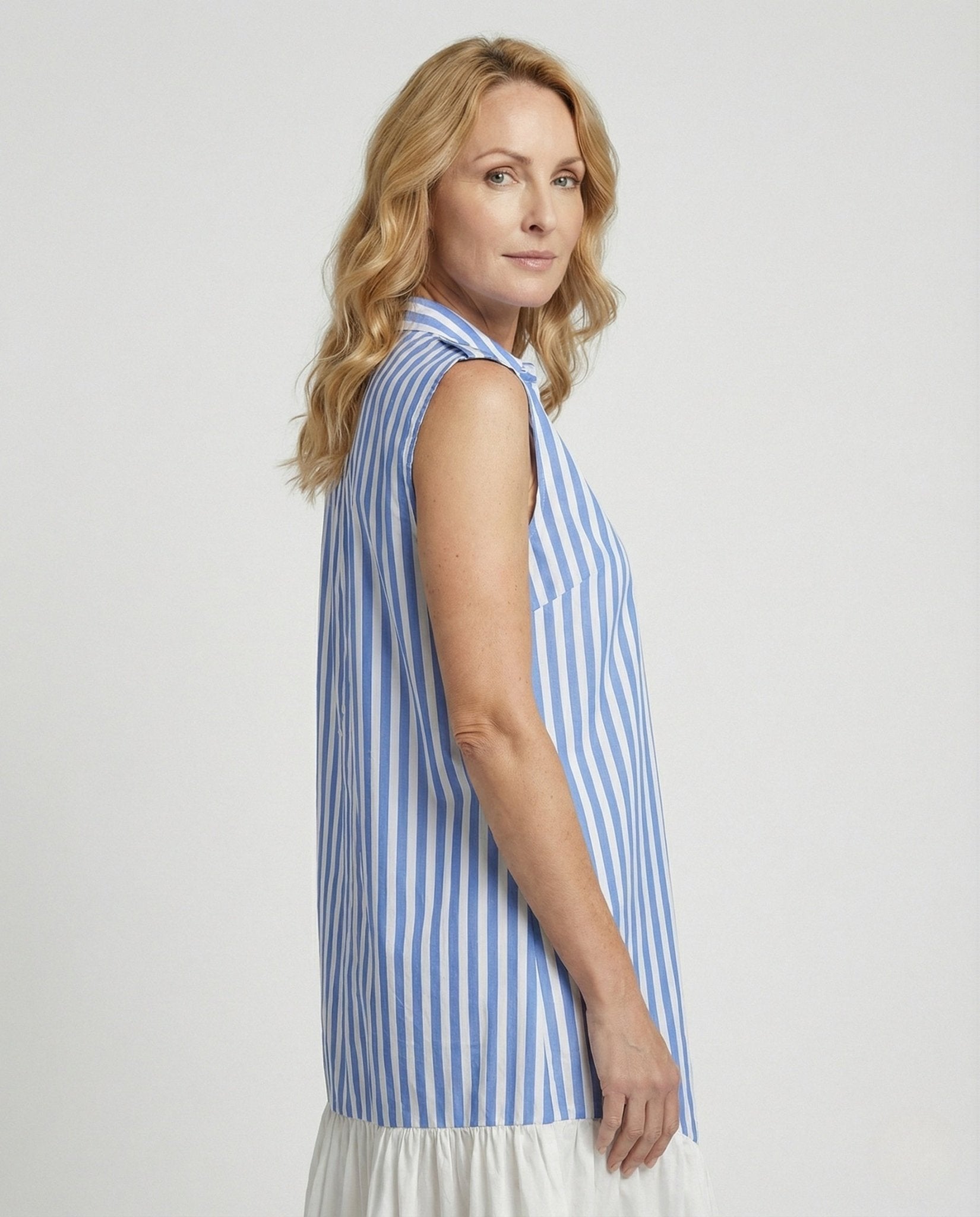 Women Sleeveless Shirt Dress with Stripe Look - Chichicherry