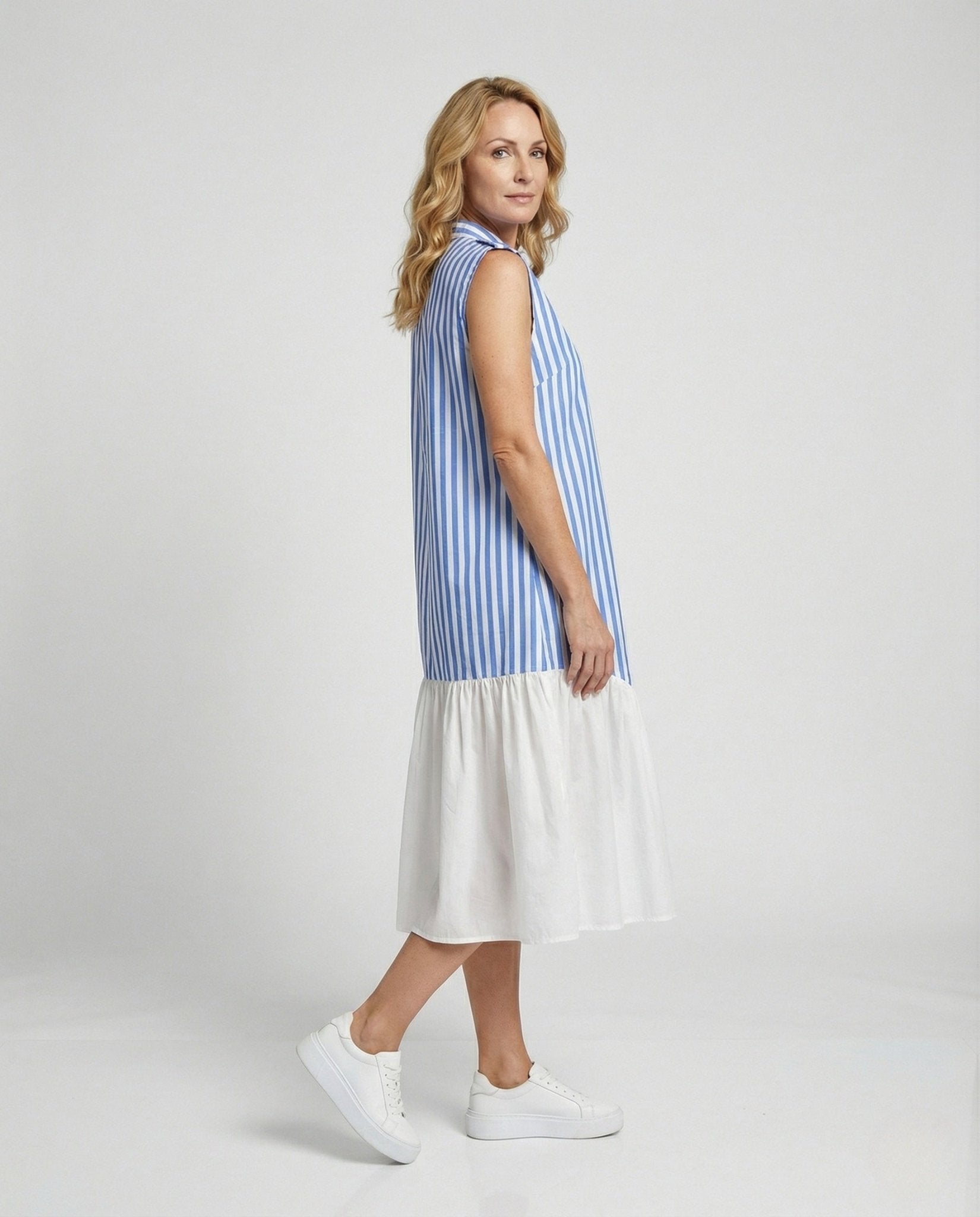 Women Sleeveless Shirt Dress with Stripe Look - Chichicherry