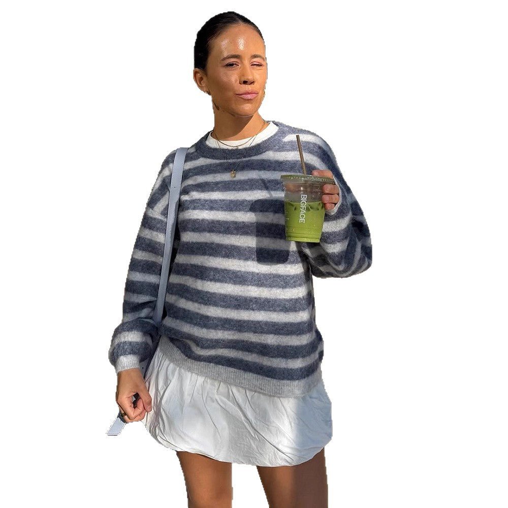 Women Striped Mohair-Mix Oversized Sweater with Balloon Sleeves Chichicherry - Chichicherry