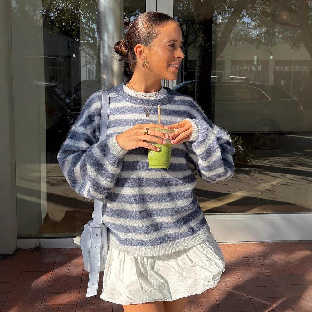 Women Striped Mohair-Mix Oversized Sweater with Balloon Sleeves Chichicherry - Chichicherry